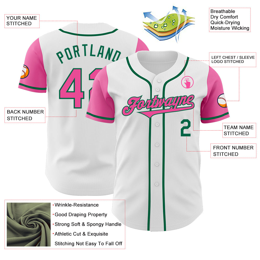 Custom White Pink-Kelly Green Authentic Two Tone Baseball Jersey