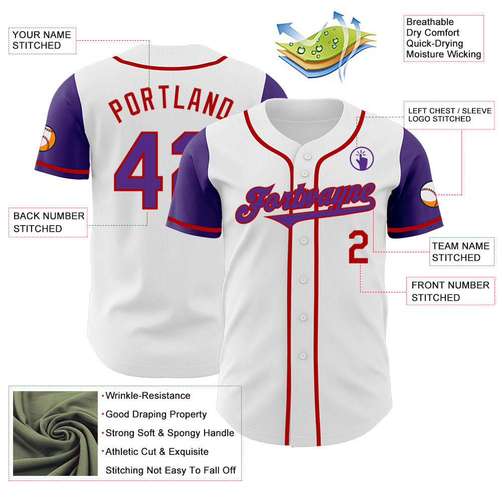 Custom White Purple-Red Authentic Two Tone Baseball Jersey