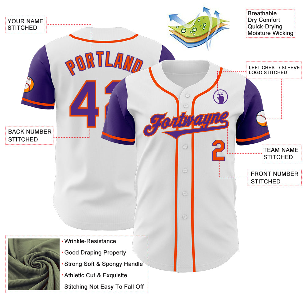 Custom White Purple-Orange Authentic Two Tone Baseball Jersey