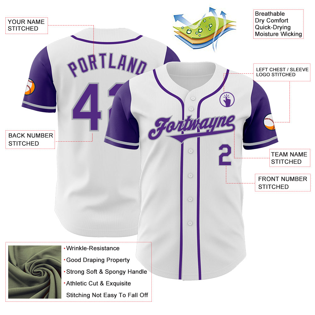 Custom White Purple-Gray Authentic Two Tone Baseball Jersey