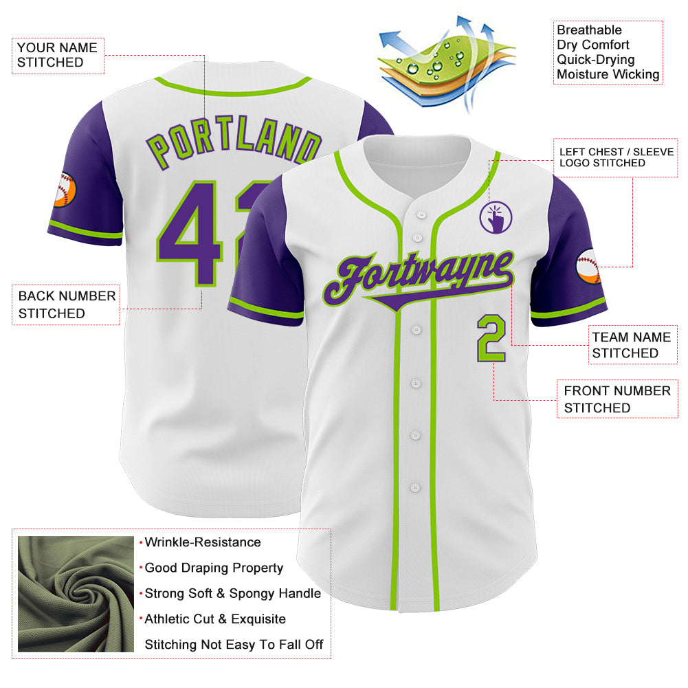 Custom White Purple-Neon Green Authentic Two Tone Baseball Jersey