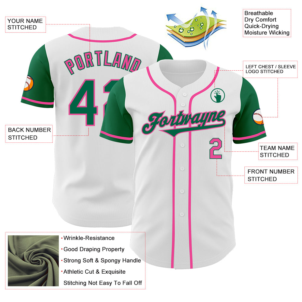 Custom White Kelly Green-Pink Authentic Two Tone Baseball Jersey