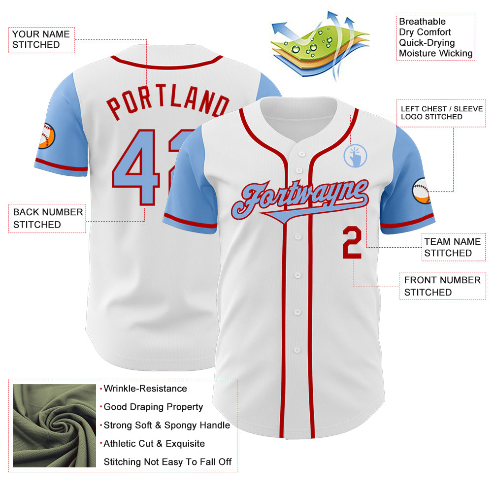 Custom White Light Blue-Red Authentic Two Tone Baseball Jersey