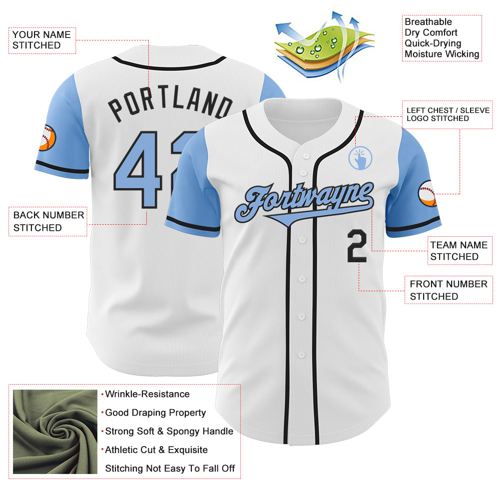 Custom White Light Blue-Black Authentic Two Tone Baseball Jersey