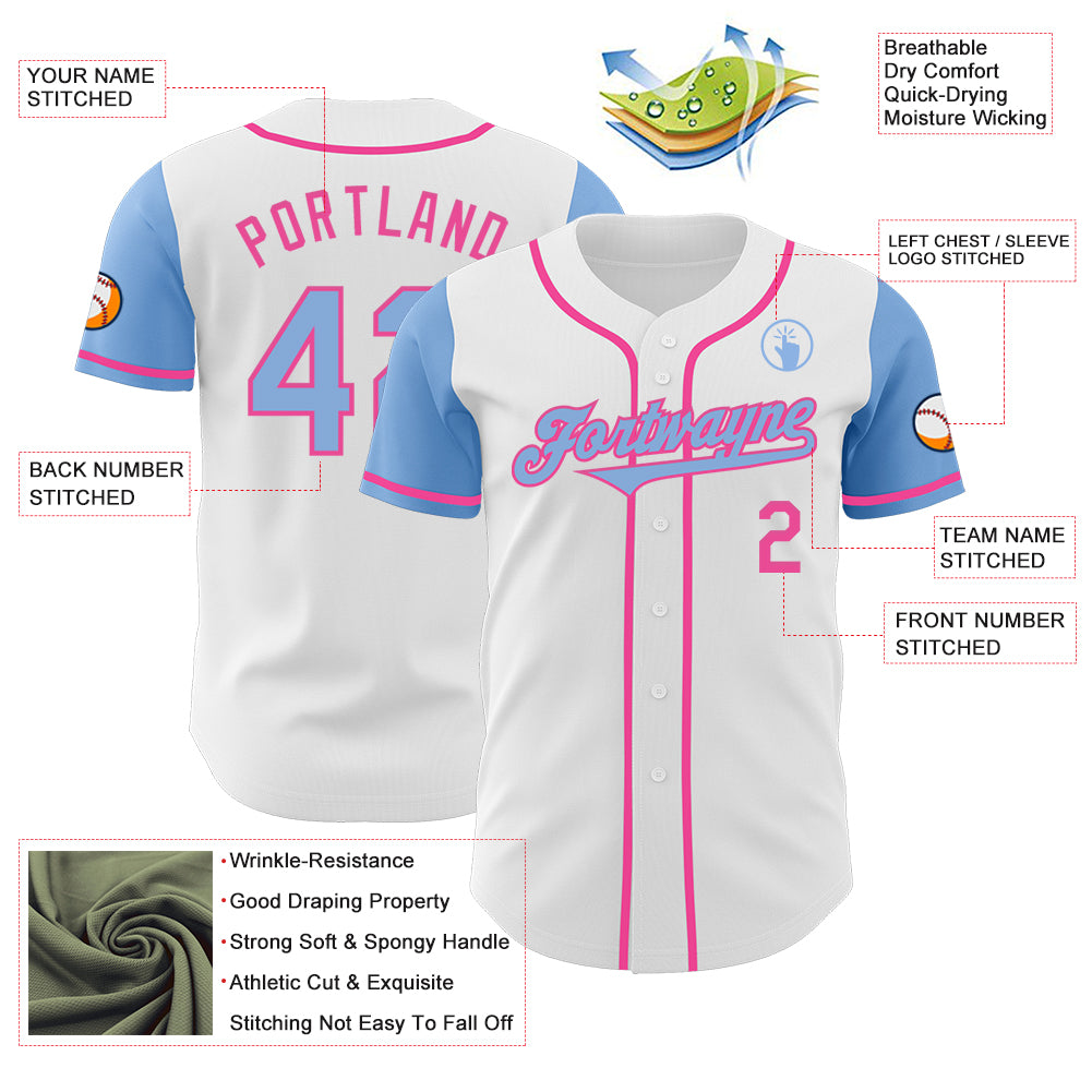 Custom White Light Blue-Pink Authentic Two Tone Baseball Jersey