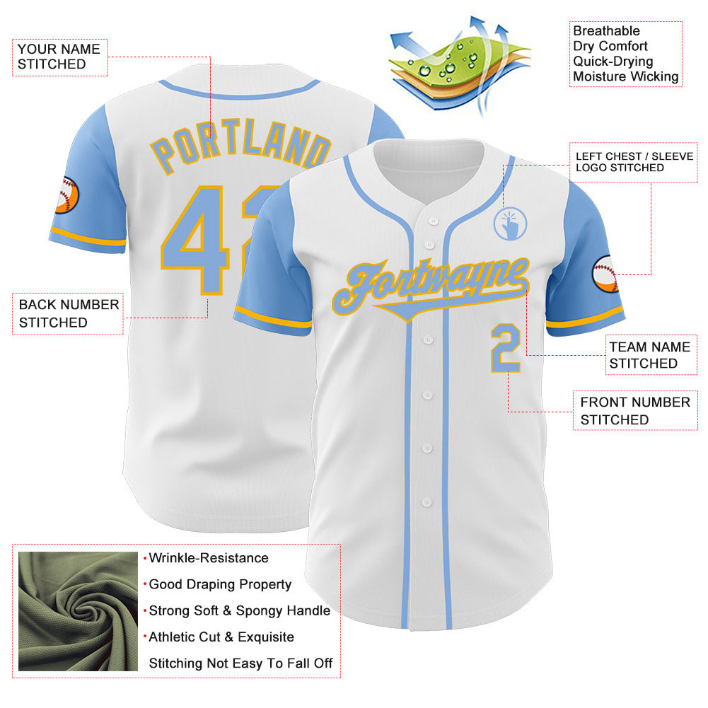 Custom White Light Blue-Gold Authentic Two Tone Baseball Jersey