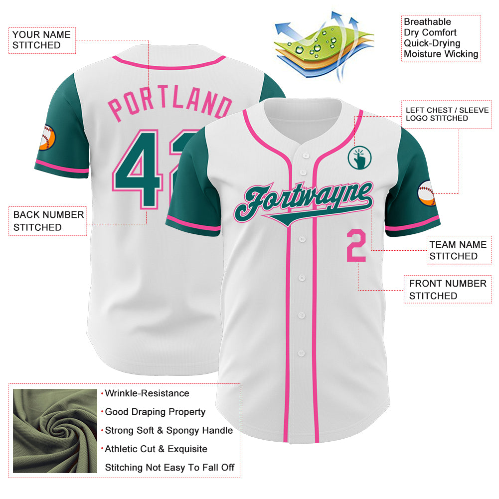 Custom White Teal-Pink Authentic Two Tone Baseball Jersey