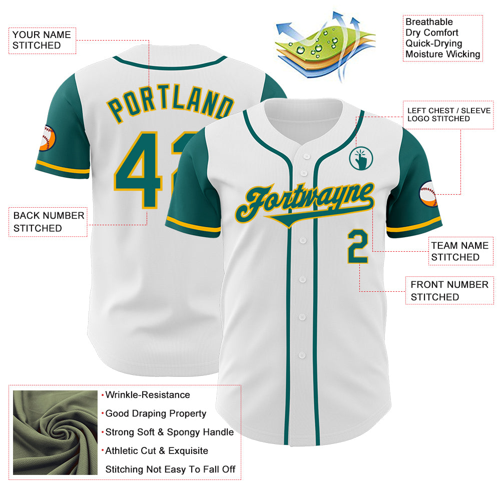 Custom White Teal-Gold Authentic Two Tone Baseball Jersey