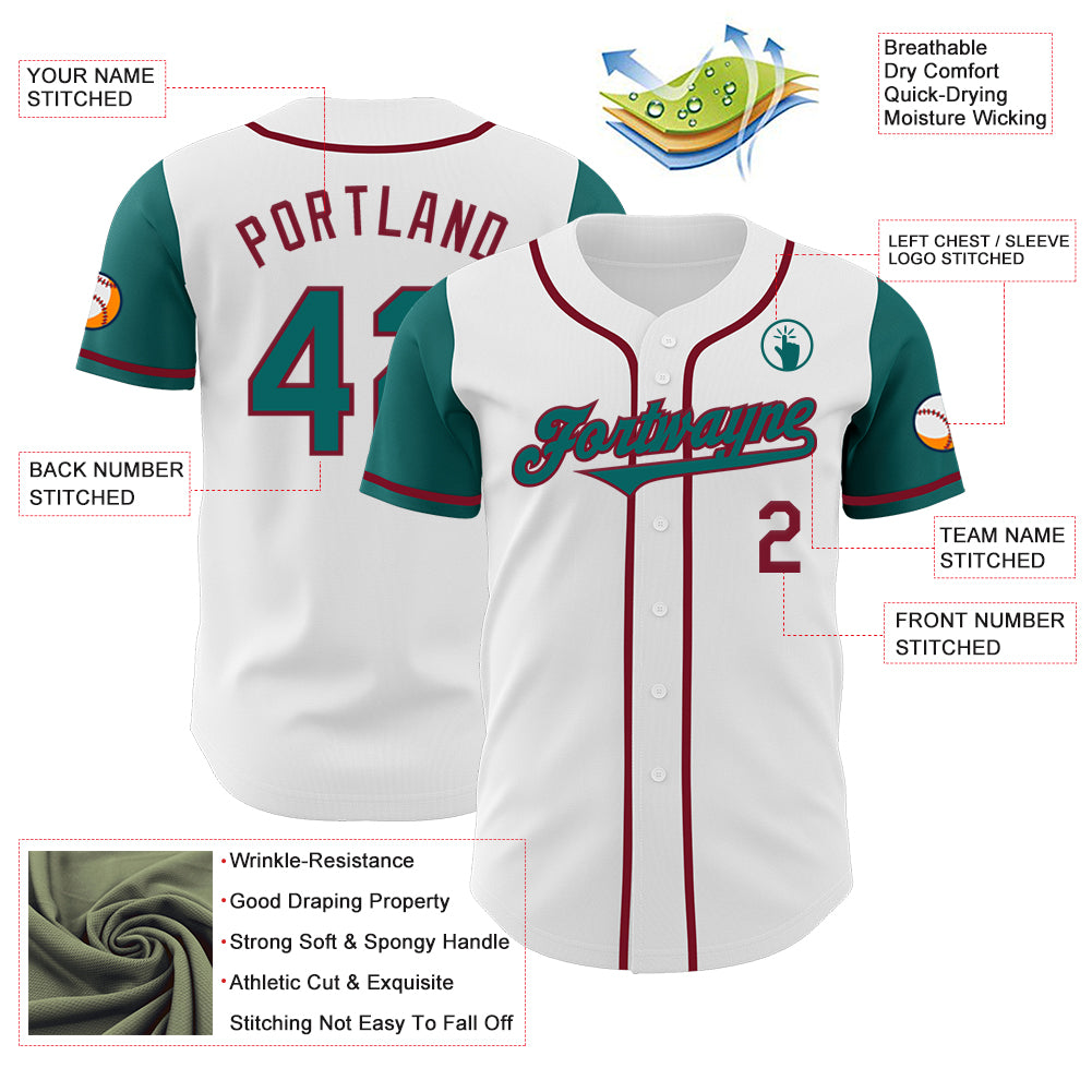 Custom White Teal-Crimson Authentic Two Tone Baseball Jersey