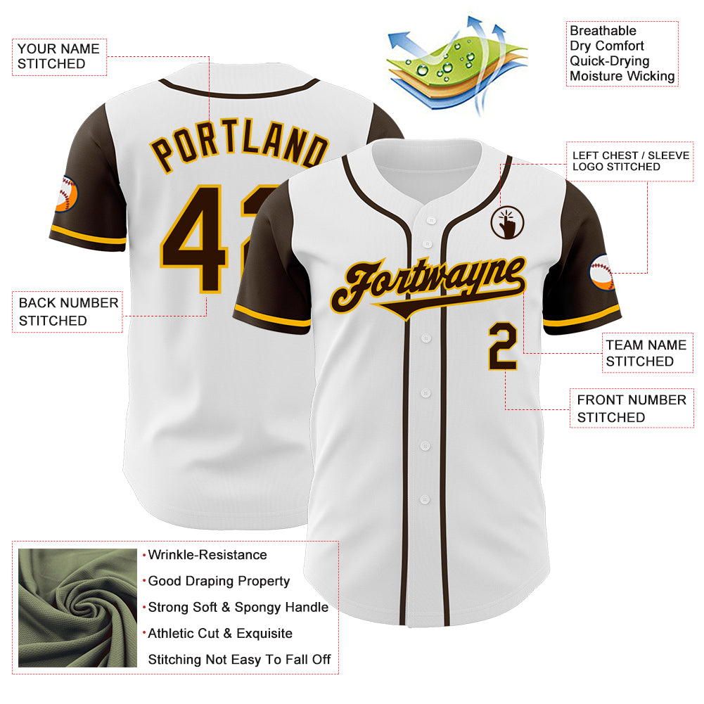 Custom White Brown-Gold Authentic Two Tone Baseball Jersey