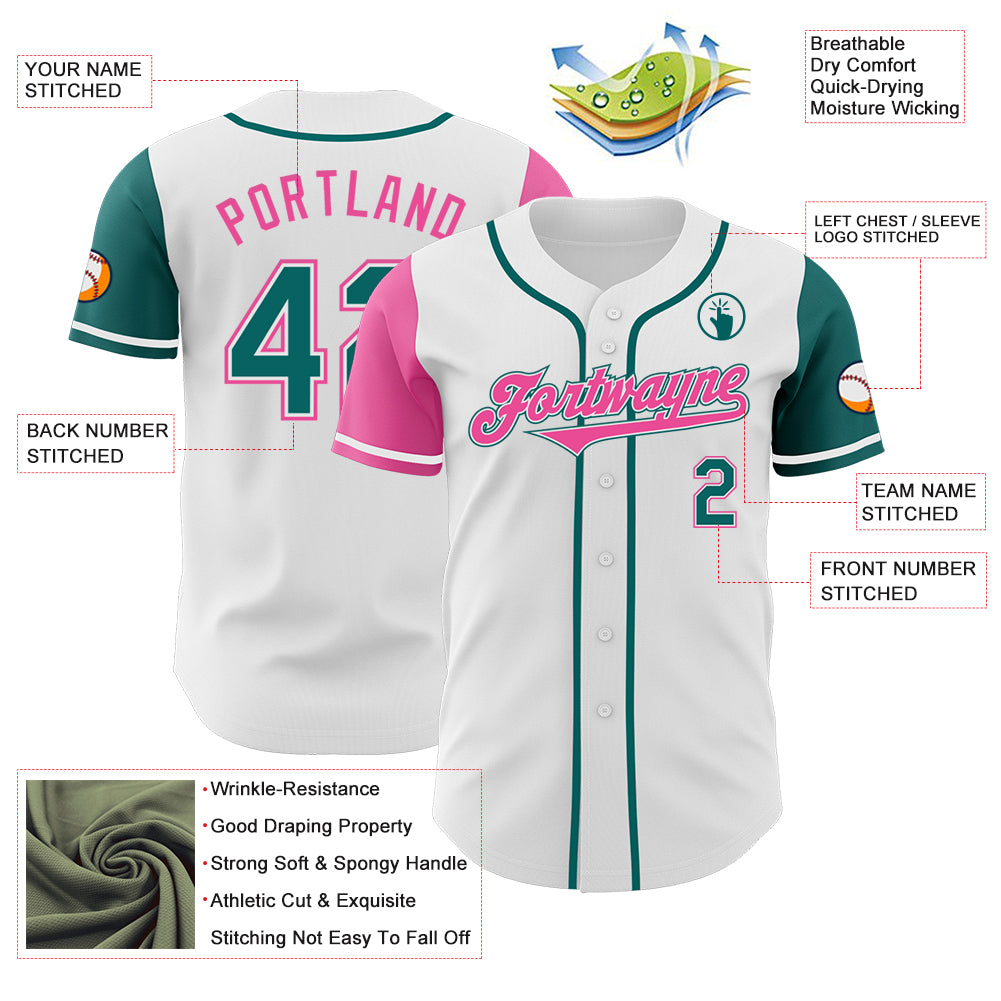 Custom White Teal-Pink Authentic Two Tone Baseball Jersey