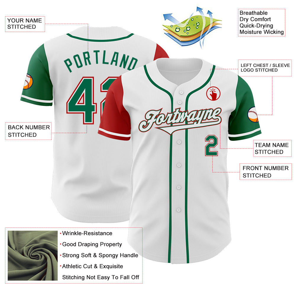 Custom White Kelly Green-Red Authentic Two Tone Baseball Jersey