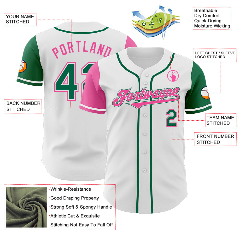 Custom White Kelly Green-Pink Authentic Two Tone Baseball Jersey