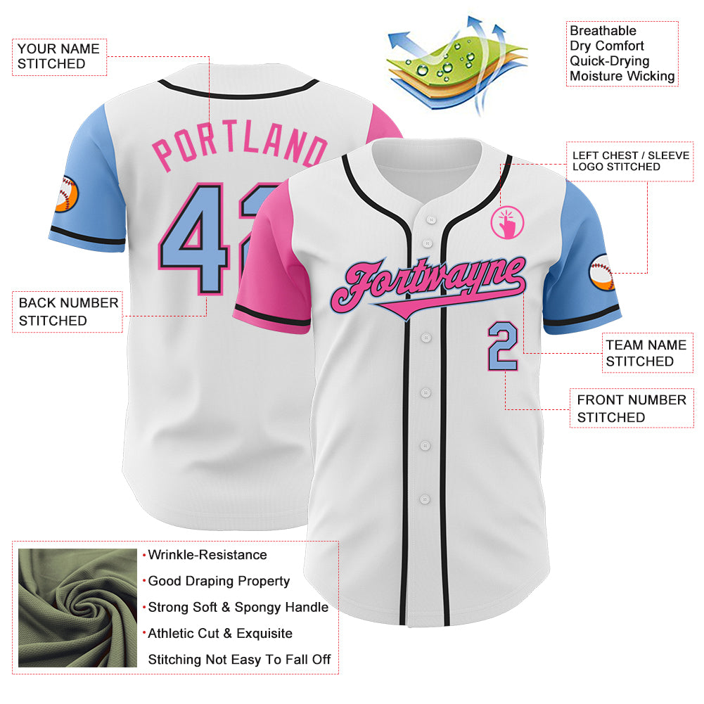 Custom White Light Blue Black-Pink Authentic Two Tone Baseball Jersey