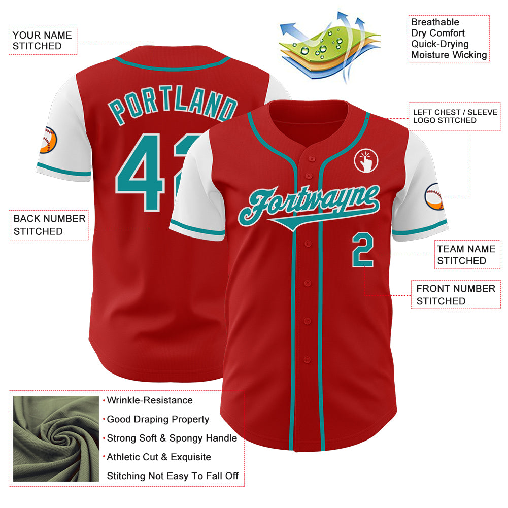 Custom Red Teal-White Authentic Two Tone Baseball Jersey