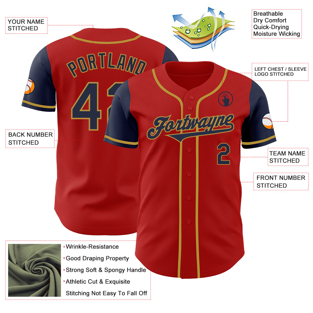 Custom Red Navy-Old Gold Authentic Two Tone Baseball Jersey