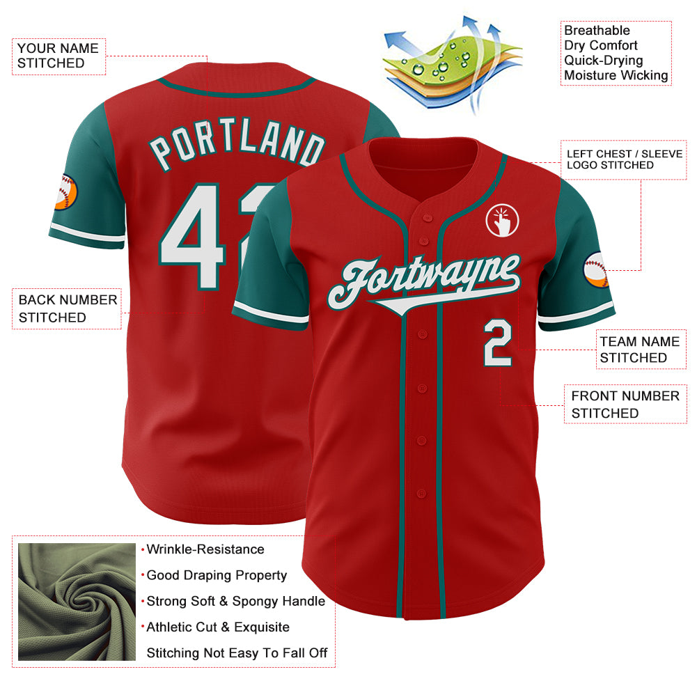 Custom Red White-Teal Authentic Two Tone Baseball Jersey