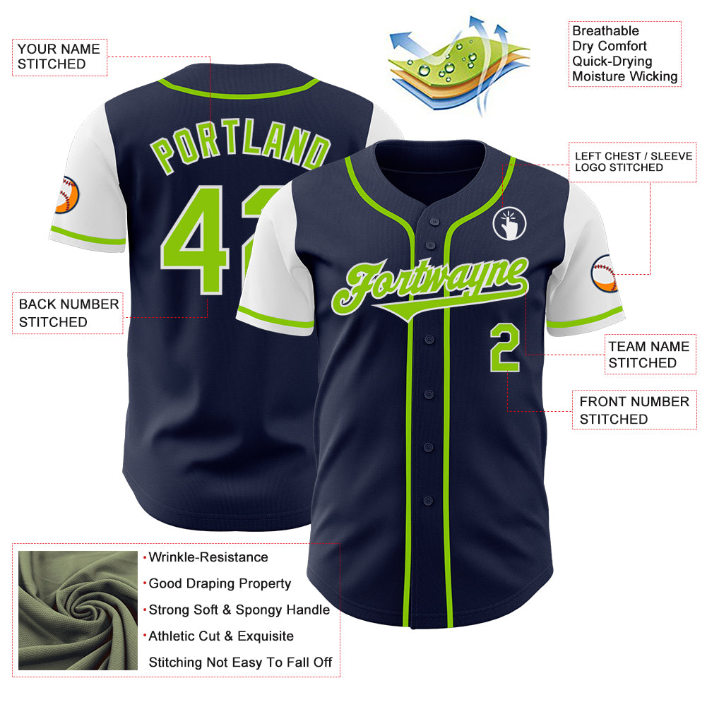 Custom Navy Neon Green-White Authentic Two Tone Baseball Jersey