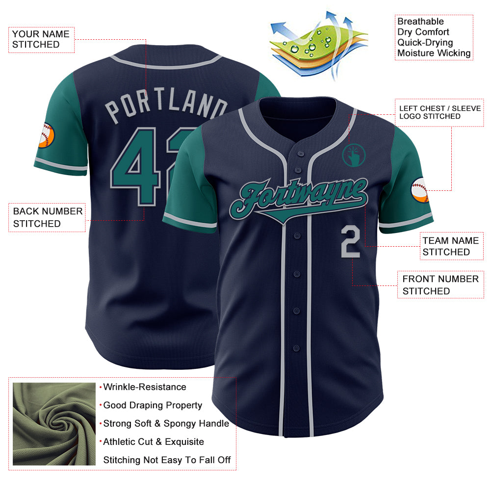 Custom Navy Teal-Gray Authentic Two Tone Baseball Jersey