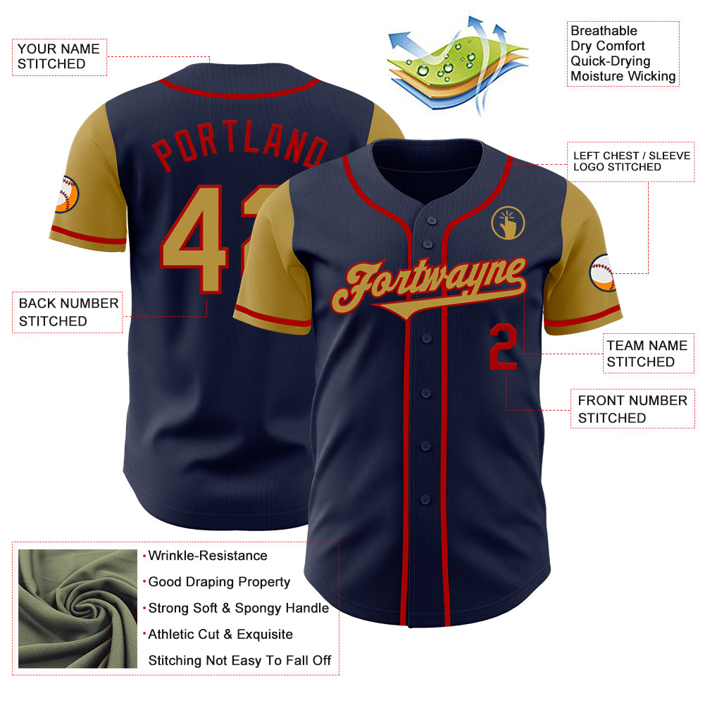 Custom Navy Old Gold-Red Authentic Two Tone Baseball Jersey