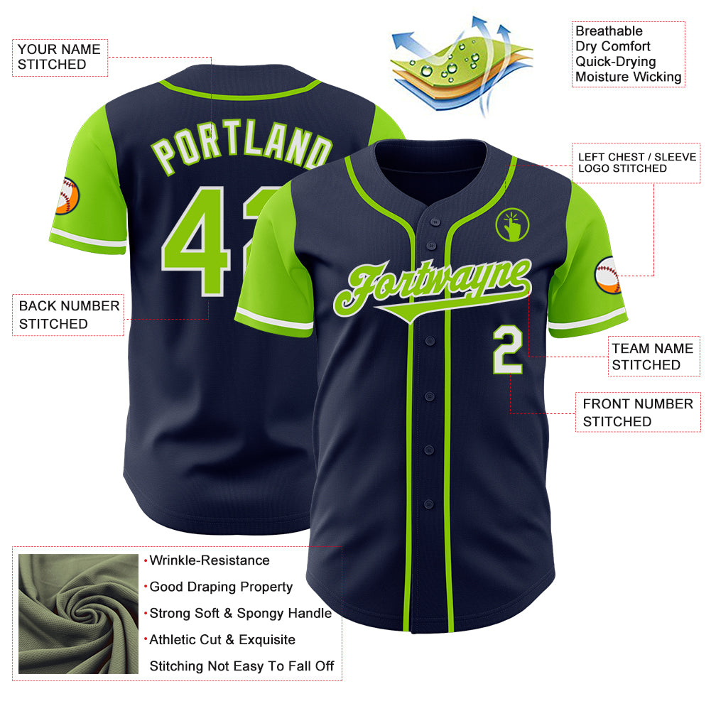 Custom Navy Neon Green-White Authentic Two Tone Baseball Jersey