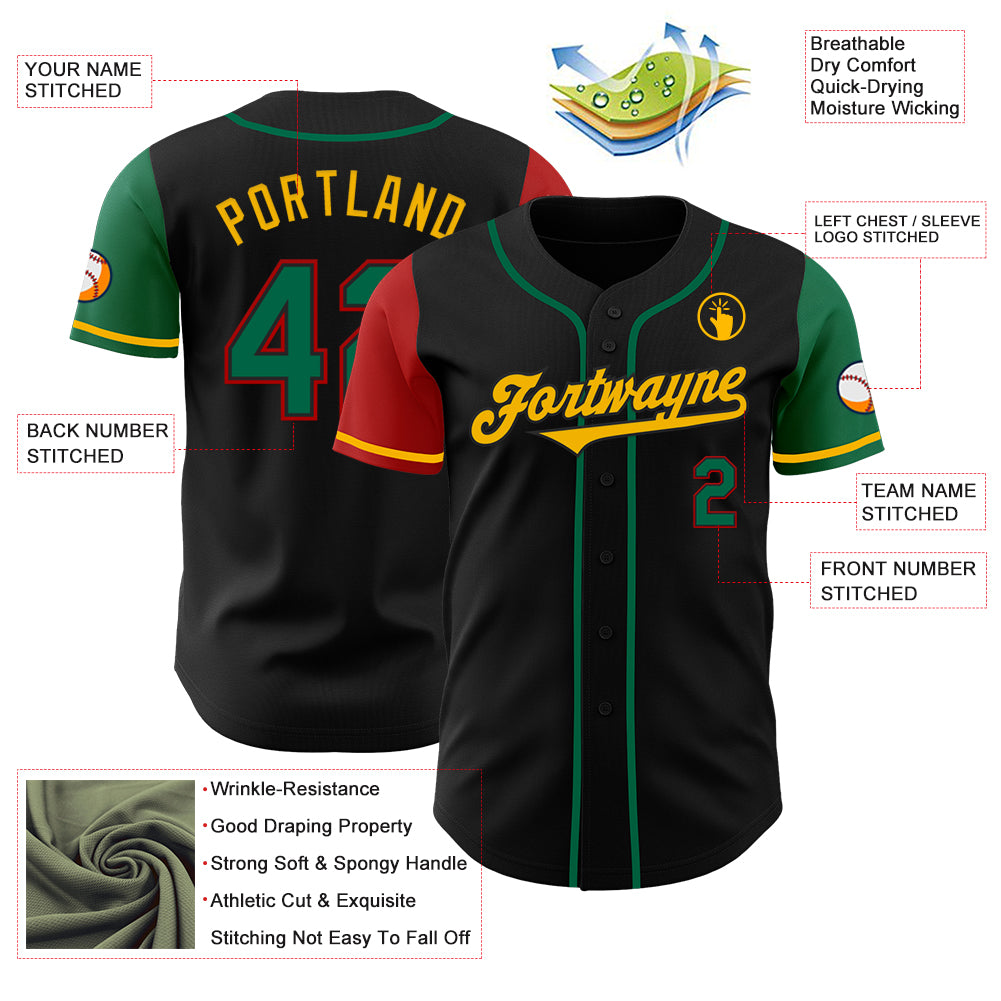 Custom Black Kelly Green Red-Gold Authentic Two Tone Baseball Jersey