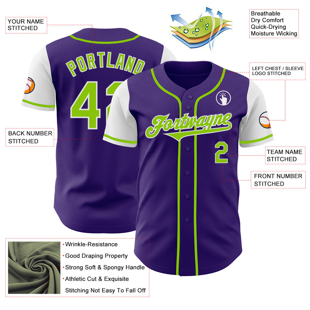 Custom Purple Neon Green-White Authentic Two Tone Baseball Jersey