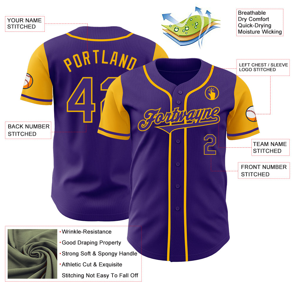 Custom Purple Gold Authentic Two Tone Baseball Jersey