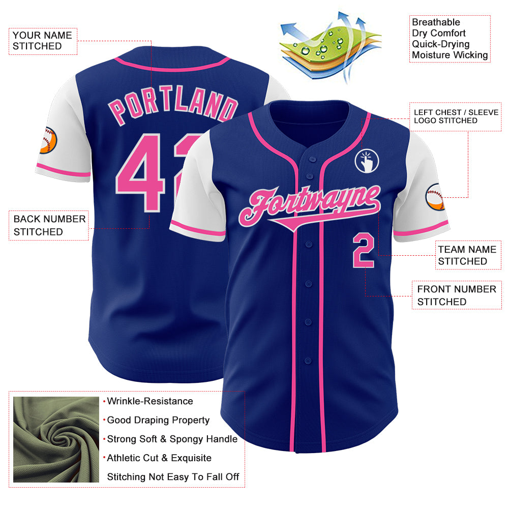 Custom Royal Pink-White Authentic Two Tone Baseball Jersey