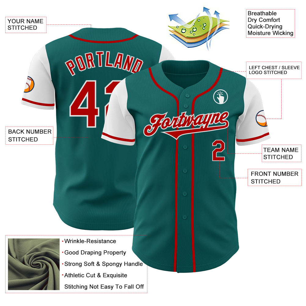 Custom Teal Red-White Authentic Two Tone Baseball Jersey