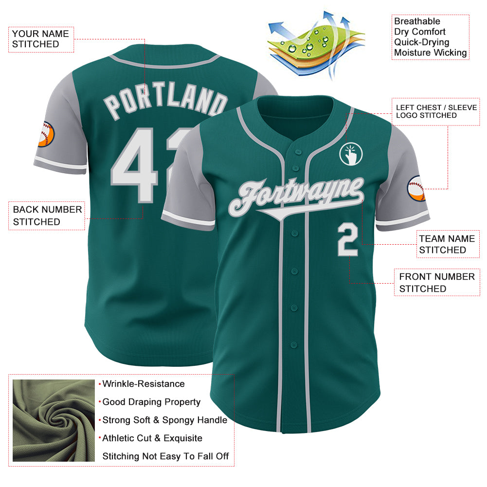 Custom Teal White-Gray Authentic Two Tone Baseball Jersey