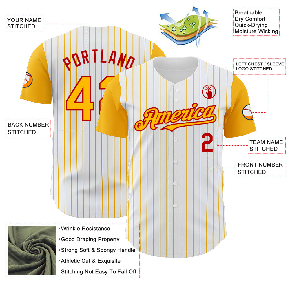 Custom White Gold Pinstripe Red Authentic Two Tone Baseball Jersey
