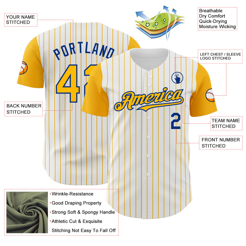 Custom White Gold Pinstripe Royal Authentic Two Tone Baseball Jersey