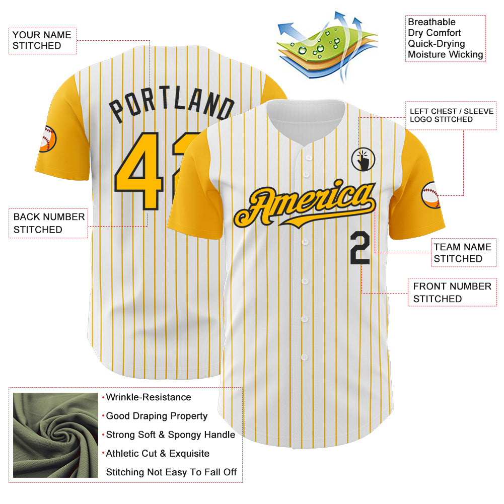 Custom White Gold Pinstripe Black Authentic Two Tone Baseball Jersey