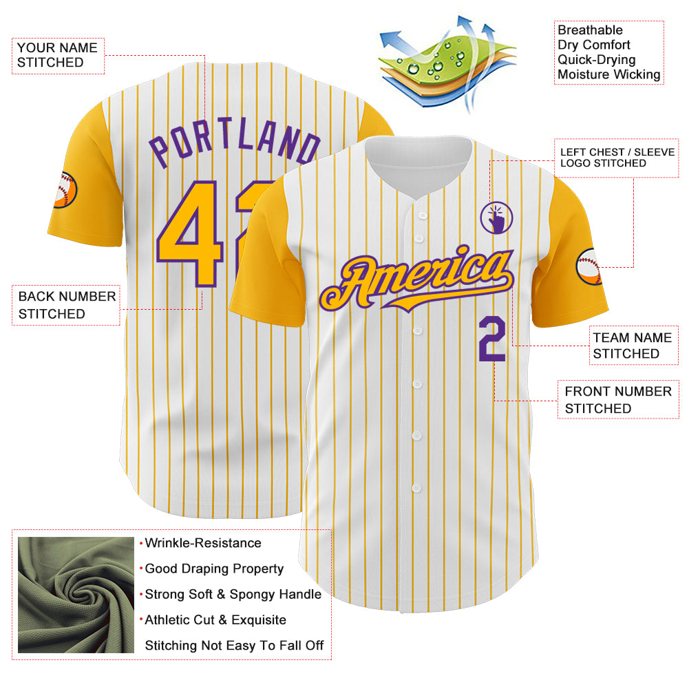 Custom White Gold Pinstripe Purple Authentic Two Tone Baseball Jersey