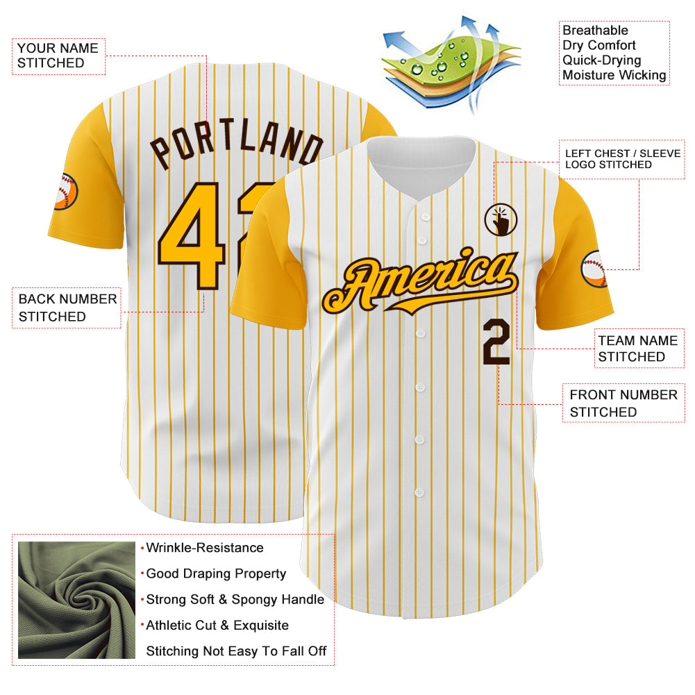 Custom White Gold Pinstripe Brown Authentic Two Tone Baseball Jersey