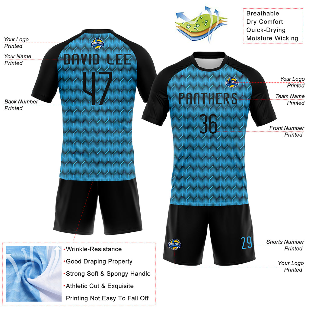 Custom Sky Blue Black Geometric Shape Sublimation Volleyball Uniform Jersey