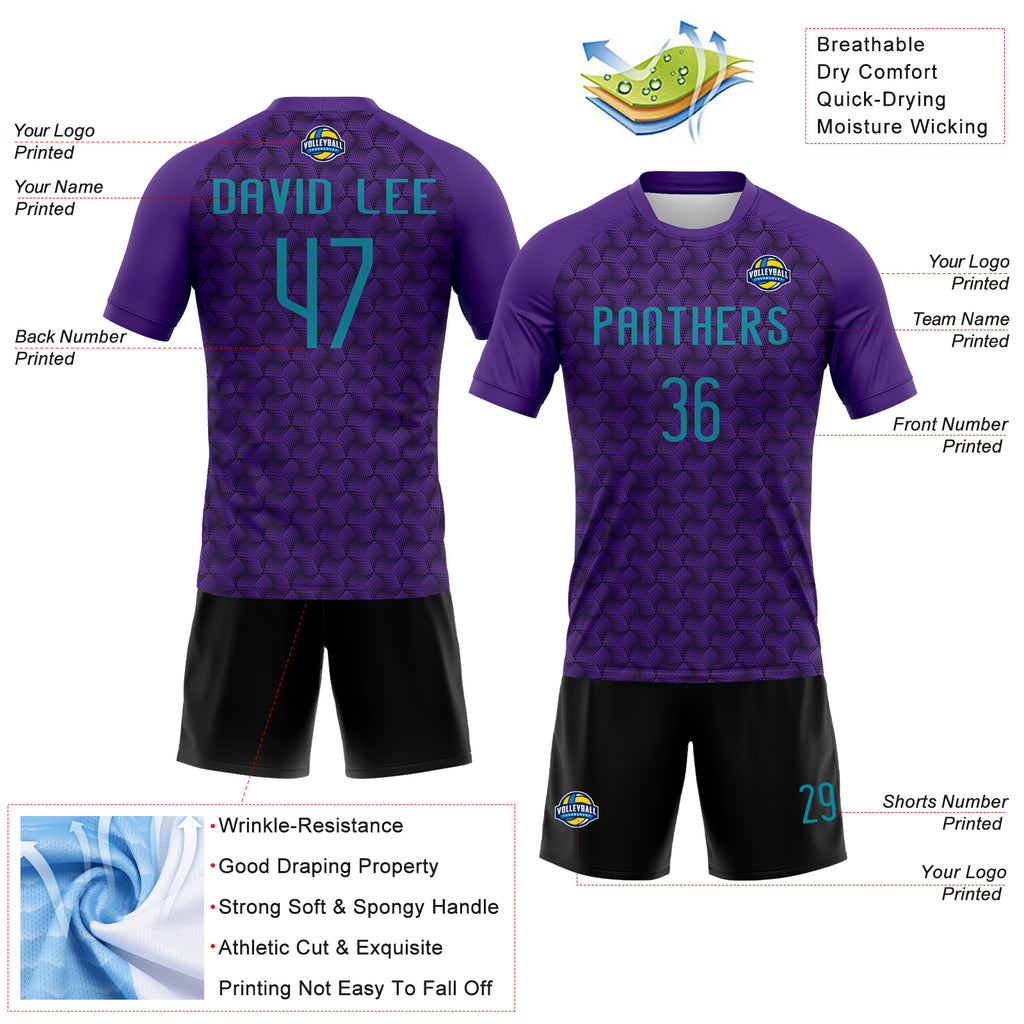 Custom Purple Teal-Black Geometric Shape Sublimation Volleyball Uniform Jersey