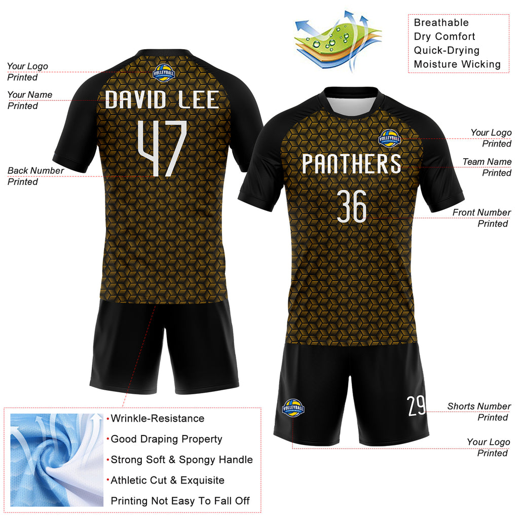 Custom Gold White-Black Geometric Shape Sublimation Volleyball Uniform Jersey