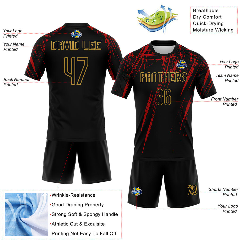 Custom Black Red-Old Gold Splash Sublimation Volleyball Uniform Jersey