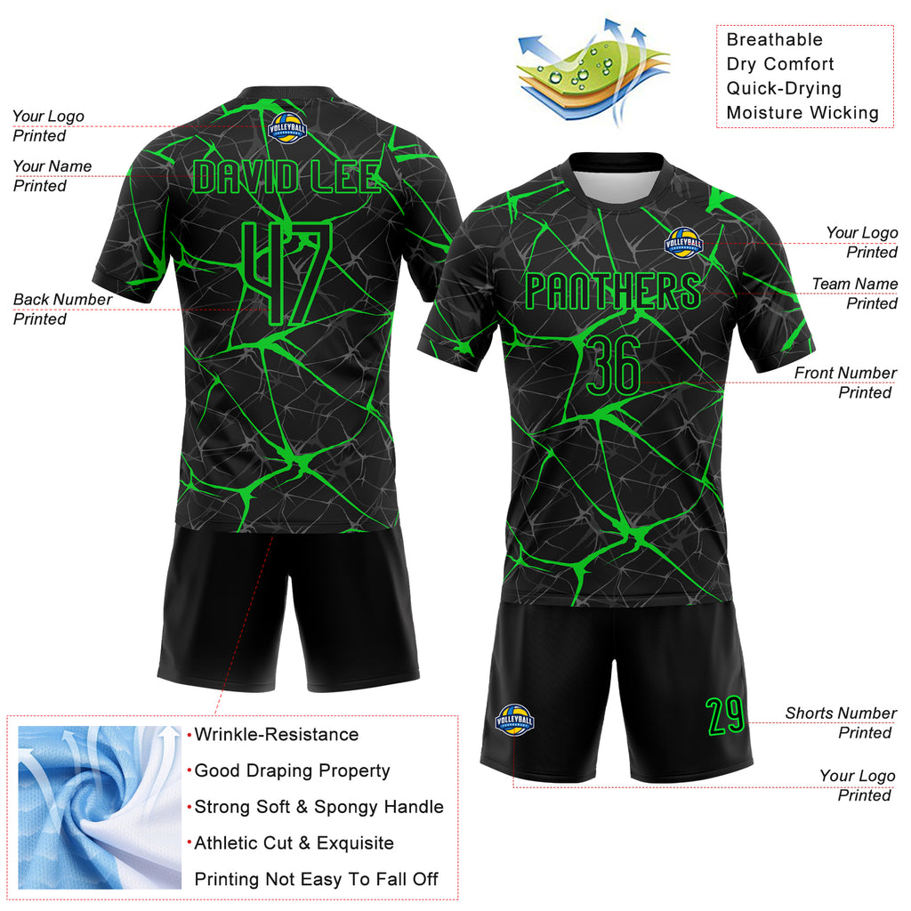 Custom Black Neon Green Abstract Network Sublimation Volleyball Uniform Jersey