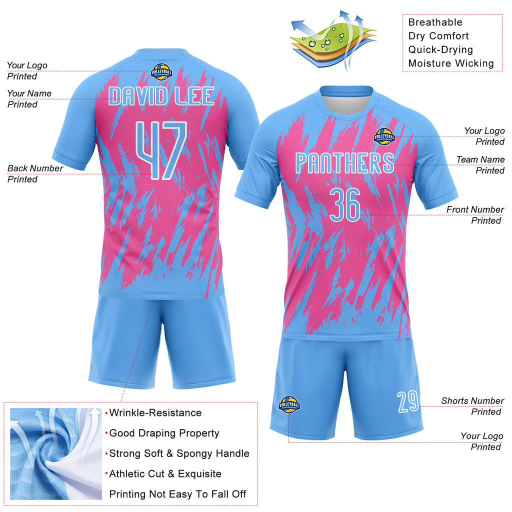 Custom Powder Blue Pink-White Splash Sublimation Volleyball Uniform Jersey