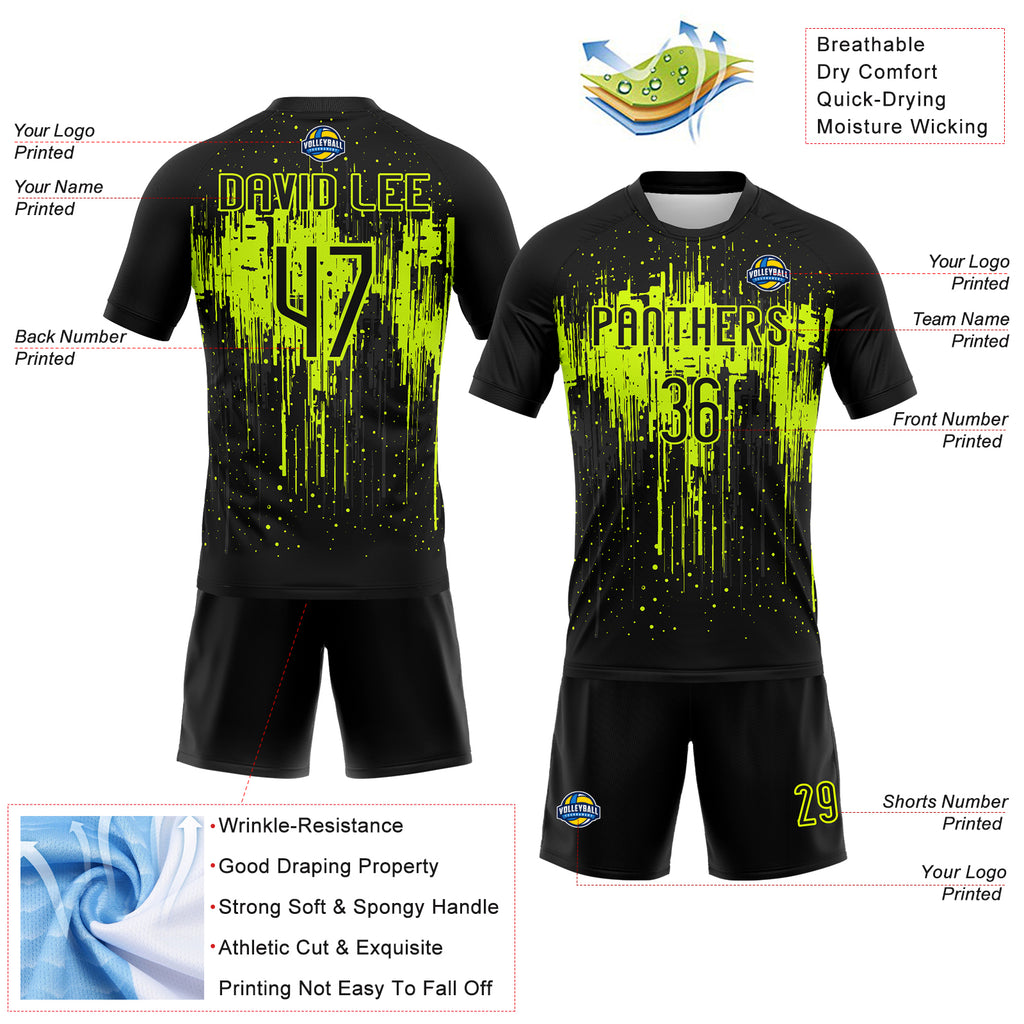 Custom Black Neon Green Dripping Splatter Art Sublimation Volleyball Uniform Jersey