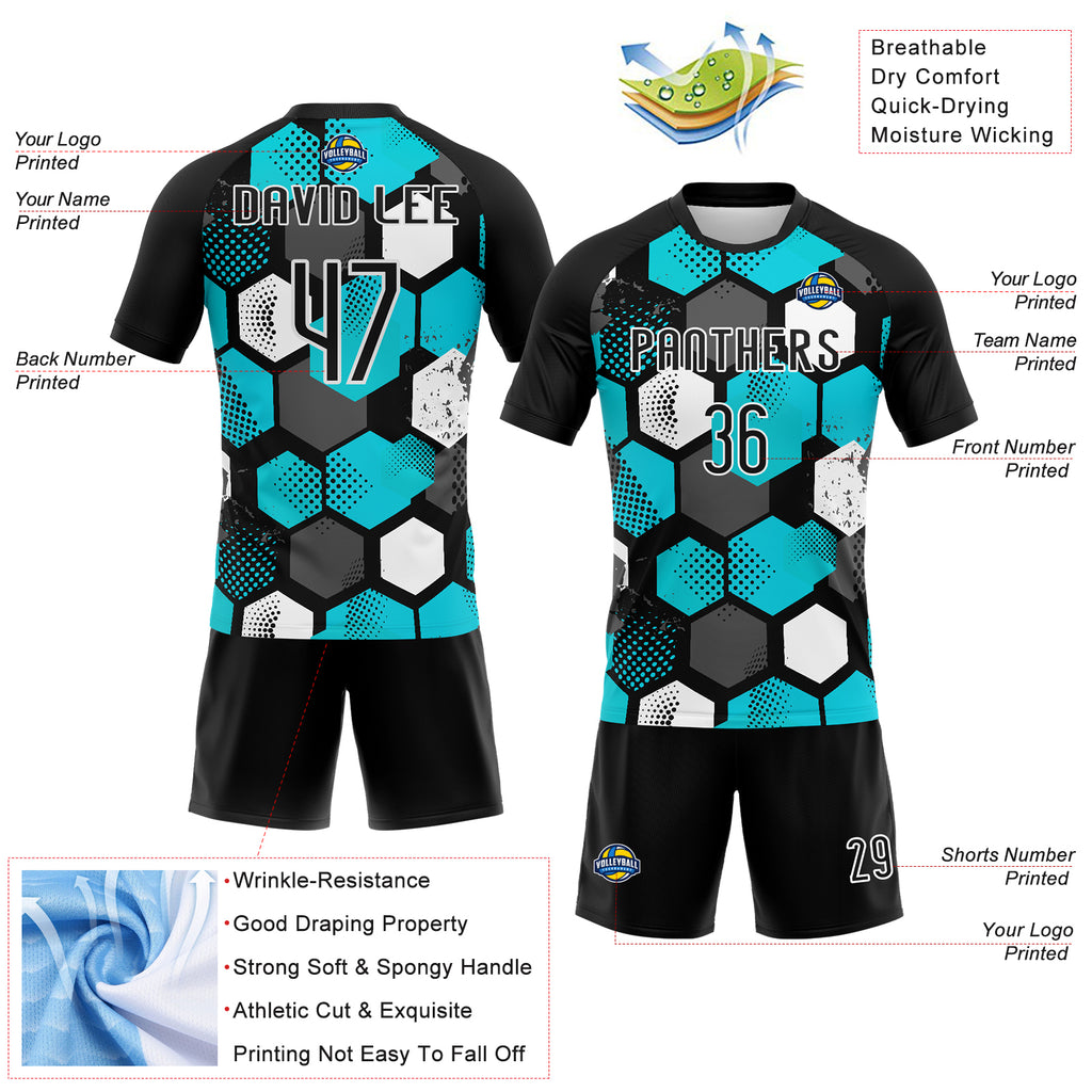 Custom Black Aqua-White Geometric Shape Sublimation Volleyball Uniform Jersey