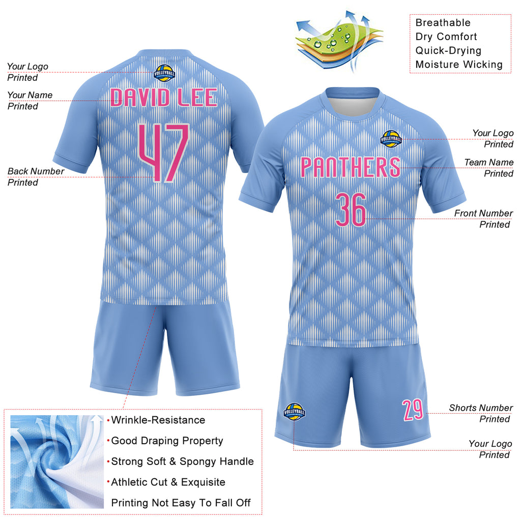 Custom Light Blue Pink-White Geometric Shape Sublimation Volleyball Uniform Jersey