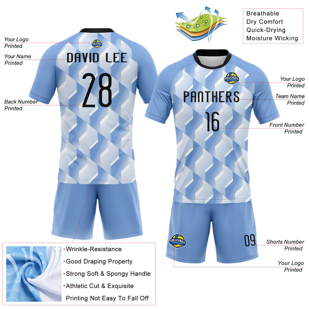 Custom Light Blue Black-White Geometric Shape Sublimation Volleyball Uniform Jersey