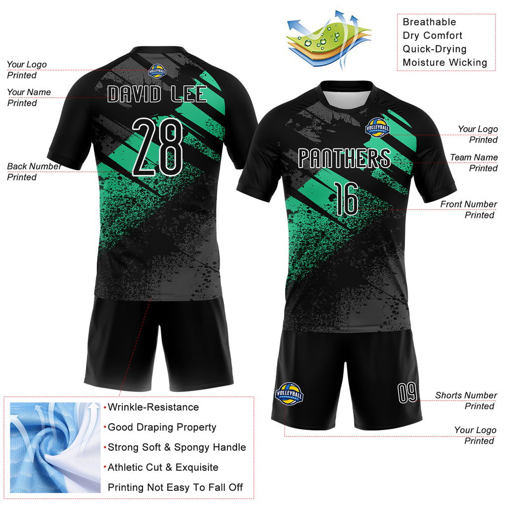 Custom Black Pea Green-White Splash Sublimation Volleyball Uniform Jersey