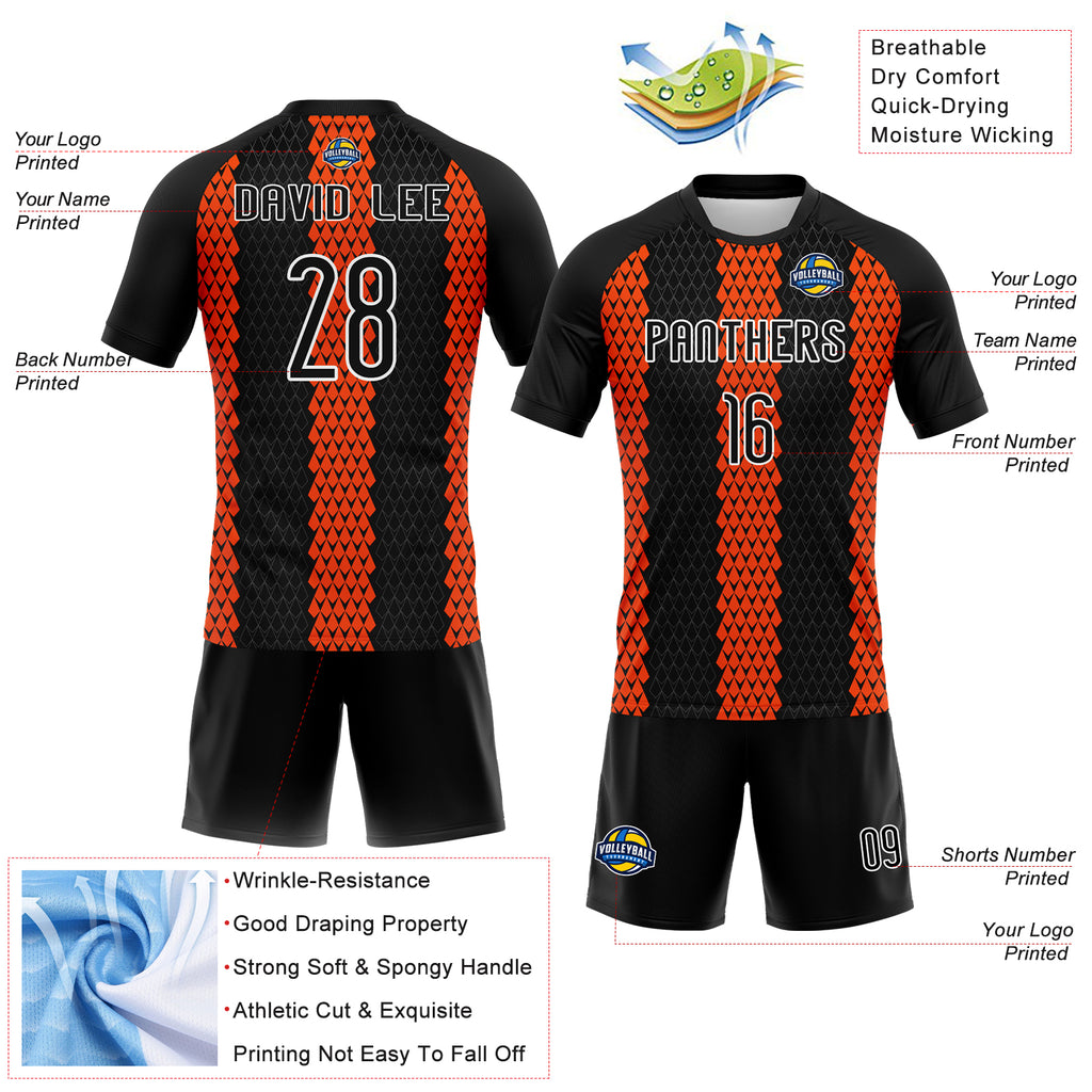 Custom Black Orange-White Geometric Shape Sublimation Volleyball Uniform Jersey