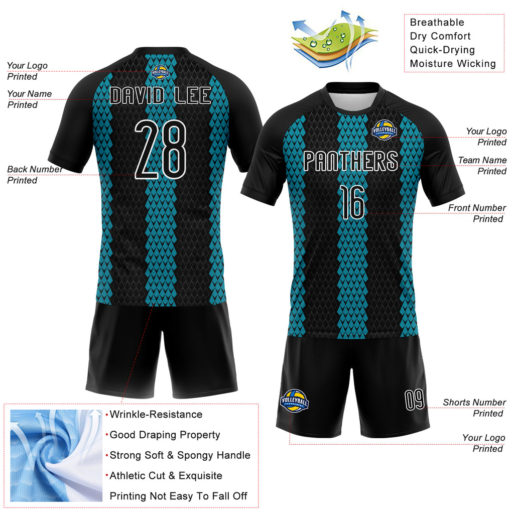 Custom Black Teal-White Geometric Shape Sublimation Volleyball Uniform Jersey