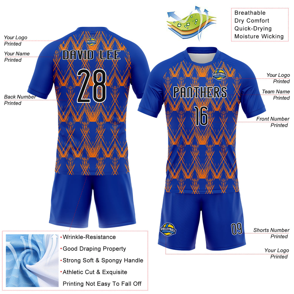 Custom Thunder Blue Black-Bay Orange Abstract Shape Sublimation Volleyball Uniform Jersey